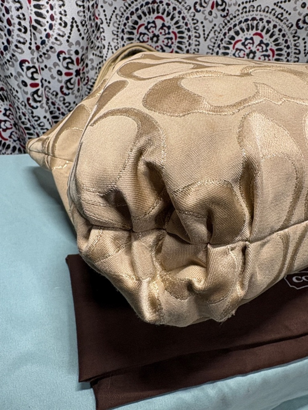Coach Poppy Metallic Signature Sateen Glam Tote 17890 | Shimmer Gold EUC - Picture 6 of 13